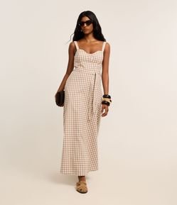 Vestido Reto Longo em Sarja Xadrez Vichy com Amarração