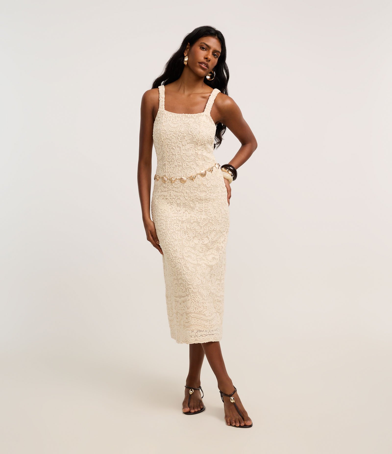 Vestido Long Midi em Renda com Cordas Bordadas Bege 1