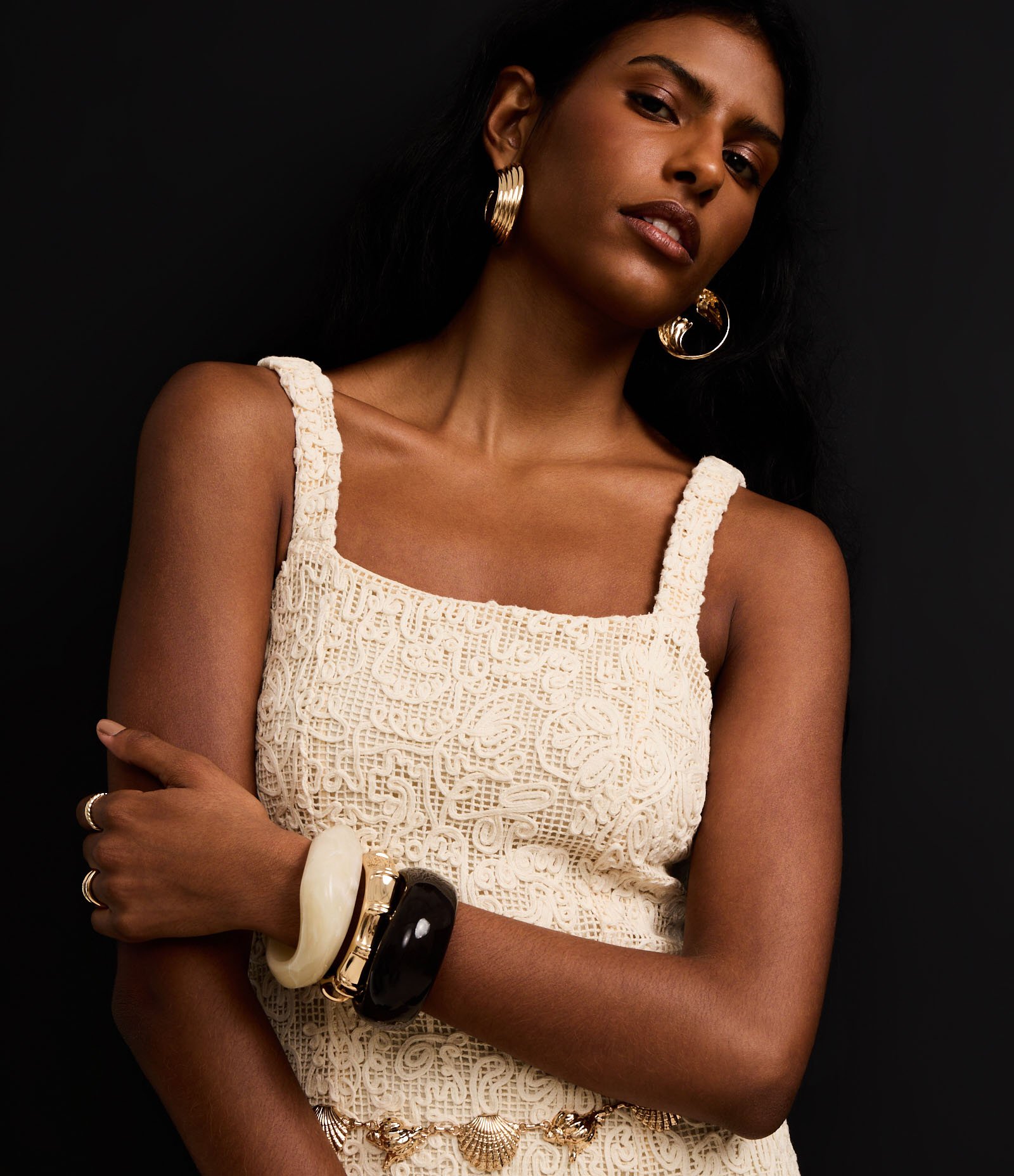 Vestido Long Midi em Renda com Cordas Bordadas Bege 5