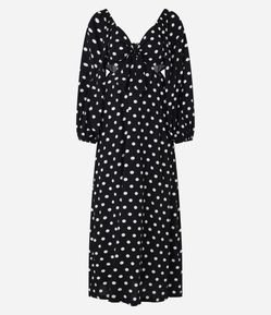 Vestido Godê Long Midi em Viscose Poá com Manga Bufante