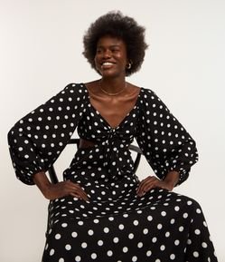 Vestido Godê Long Midi em Viscose Poá com Manga Bufante