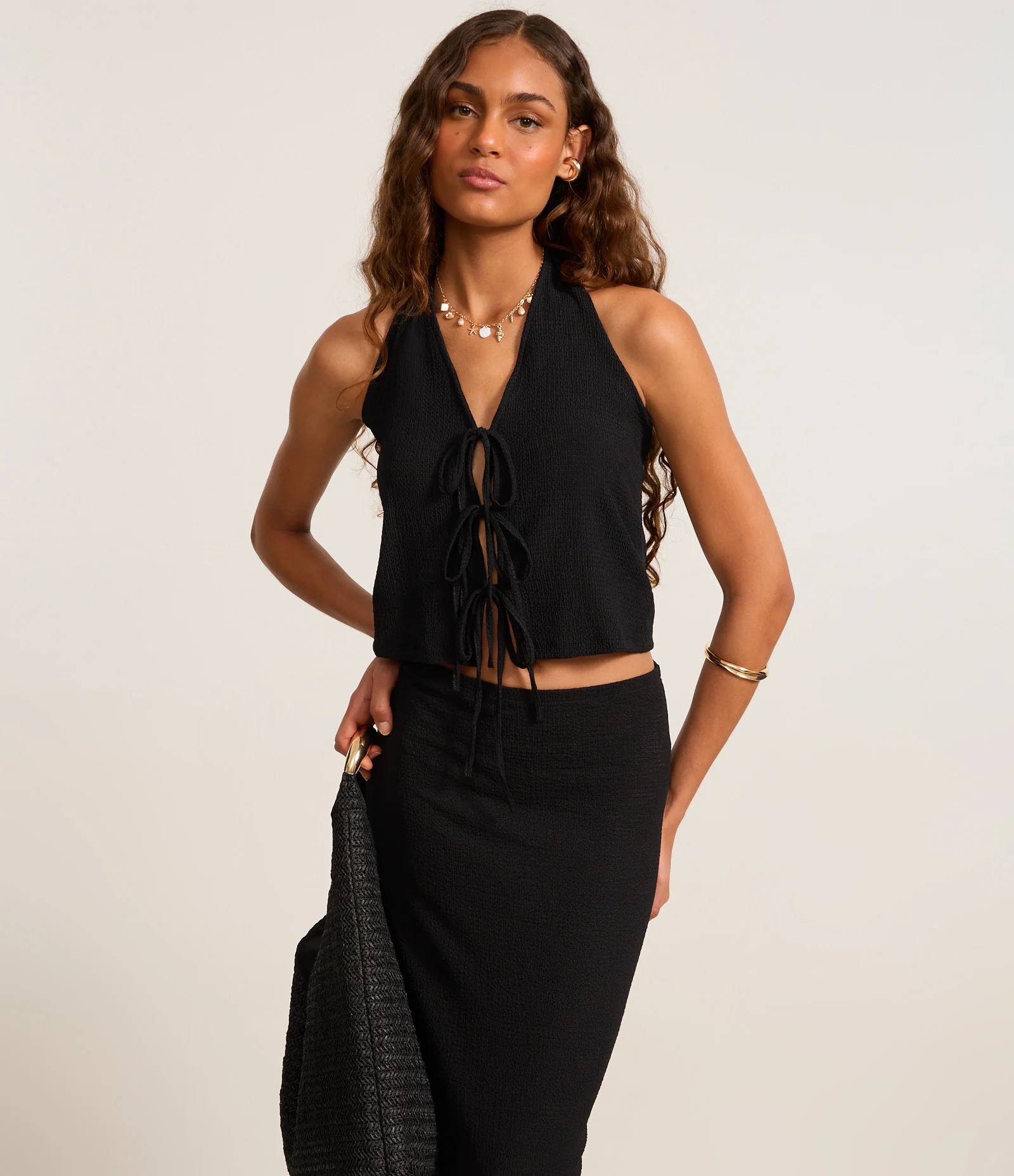 Saia Long Midi Texturizada com Fenda Preto 2