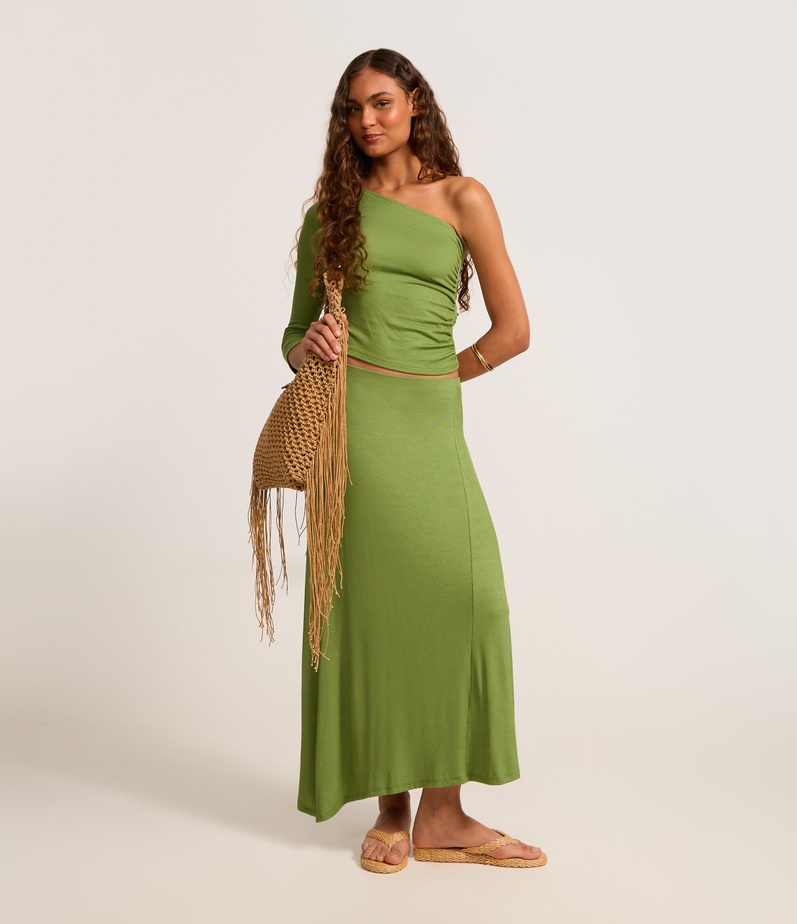 Saia Long Midi em Ribana com Barra Assimétrica Verde 1