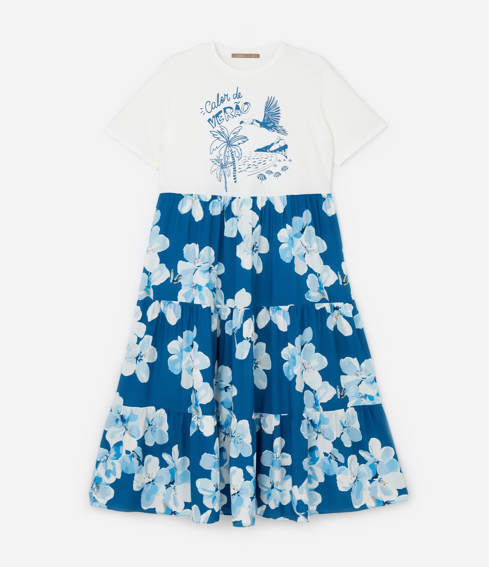 Vestido Midi com Estampa Verão e Saia Floral Curve & Plus Size Branco/Azul 5