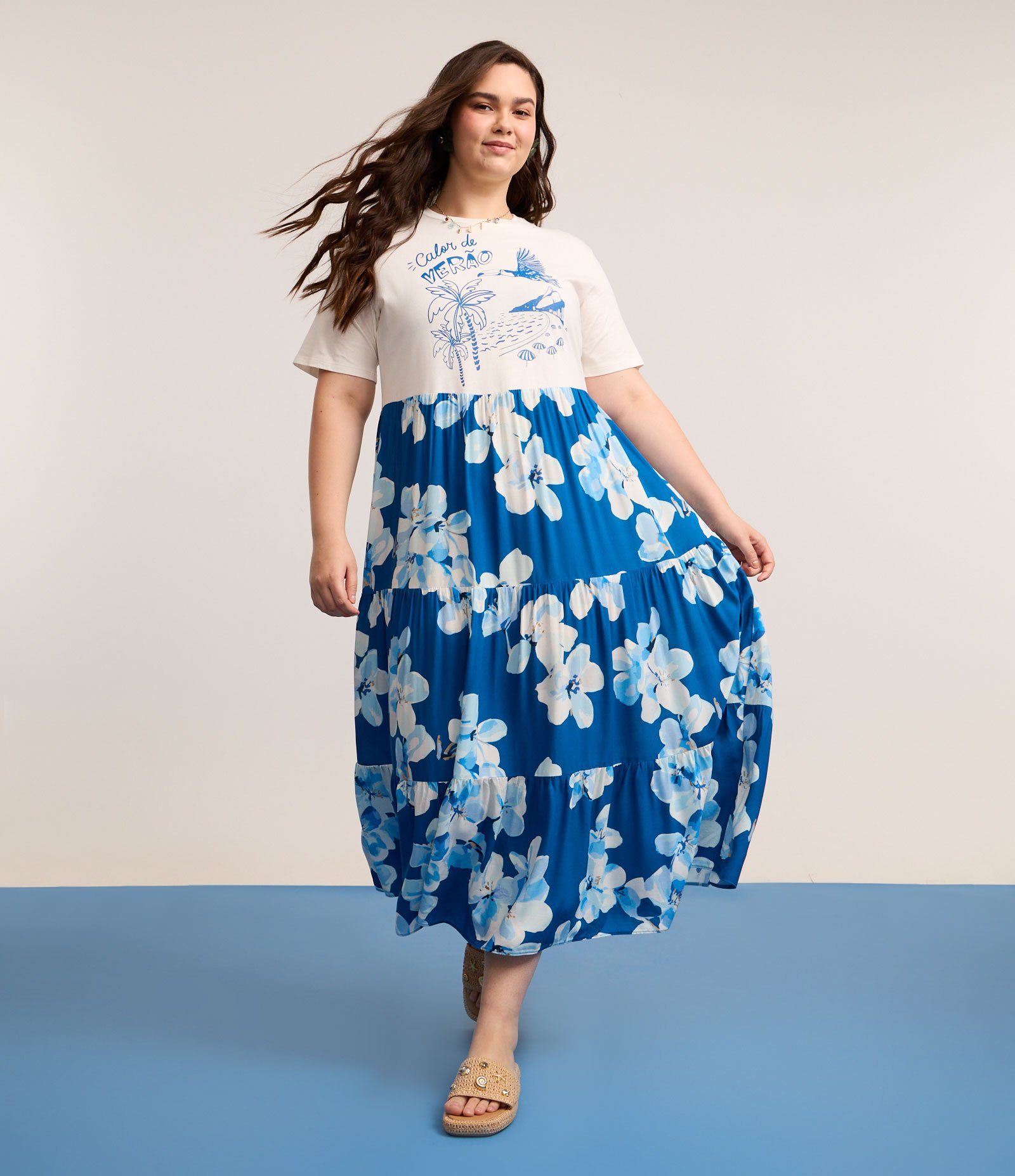 Vestido Midi com Estampa Verão e Saia Floral Curve & Plus Size Branco/Azul 2