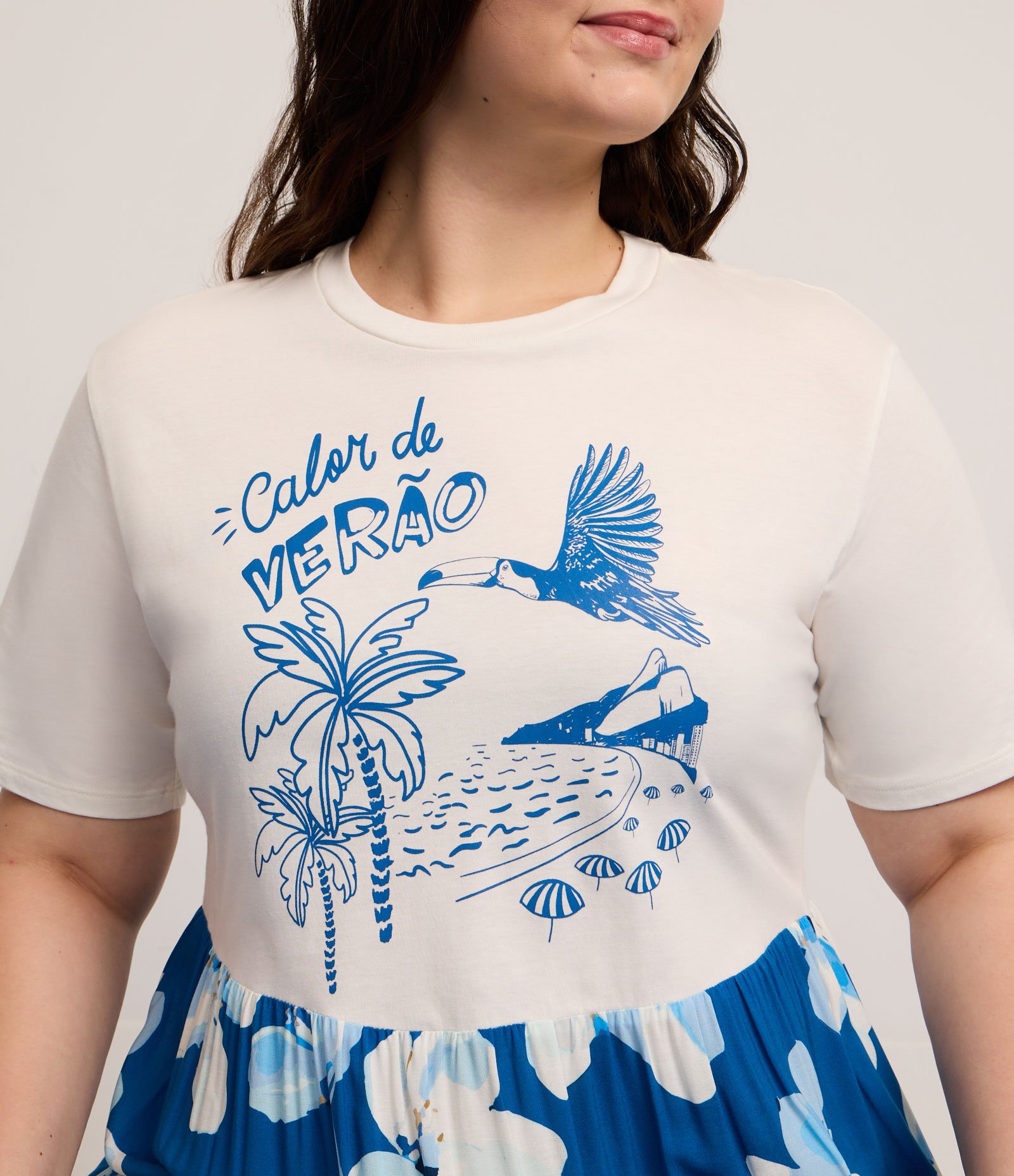 Vestido Midi com Estampa Verão e Saia Floral Curve & Plus Size Branco/Azul 4