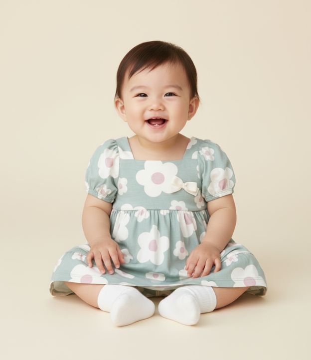 Vestido Infantil com Manga Bufante e Estam Floral - Tam 0 a 18 meses