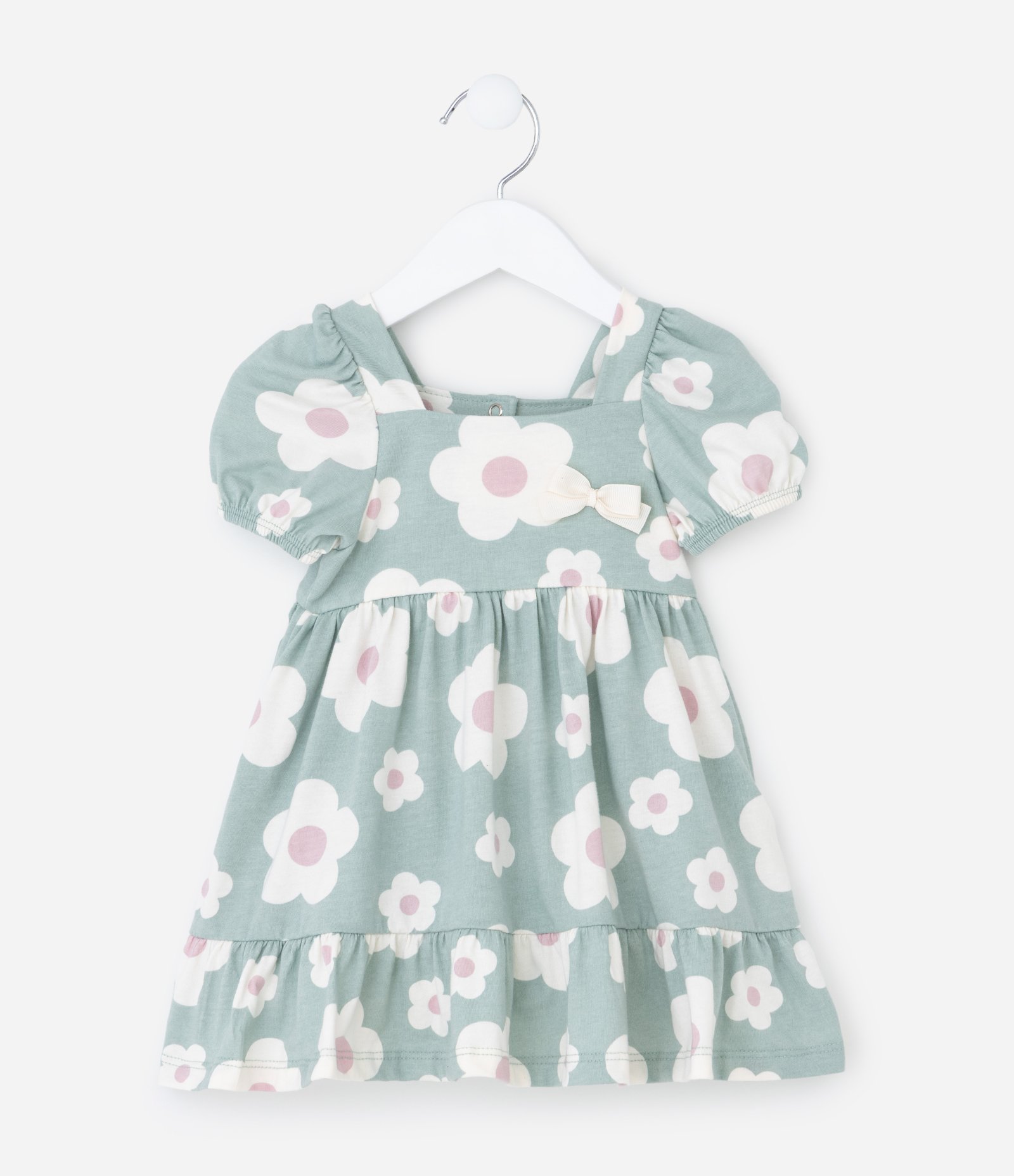 Vestido Infantil com Manga Bufante e Estam Floral - Tam 0 a 18 meses Verde 2