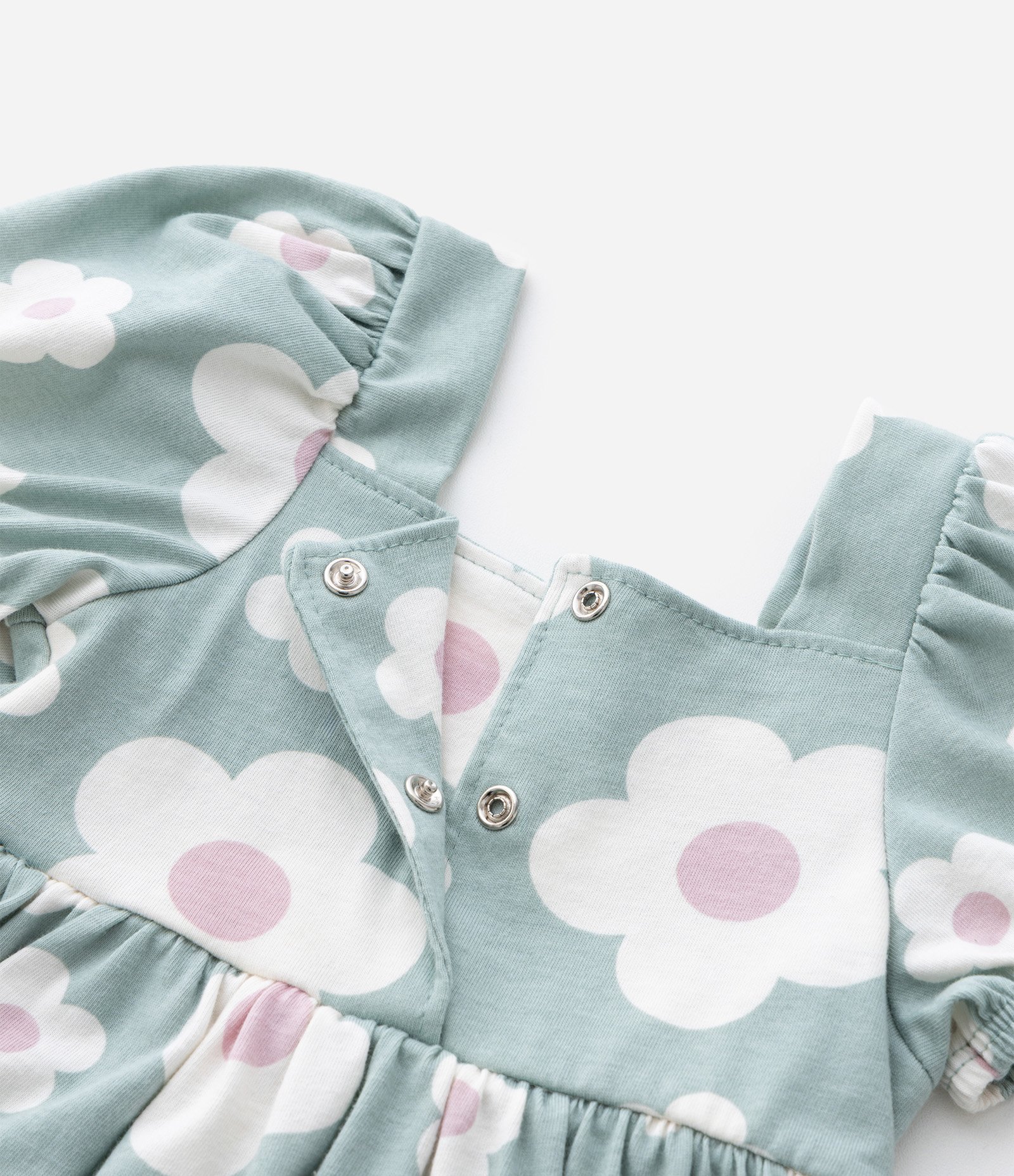 Vestido Infantil com Manga Bufante e Estam Floral - Tam 0 a 18 meses Verde 5