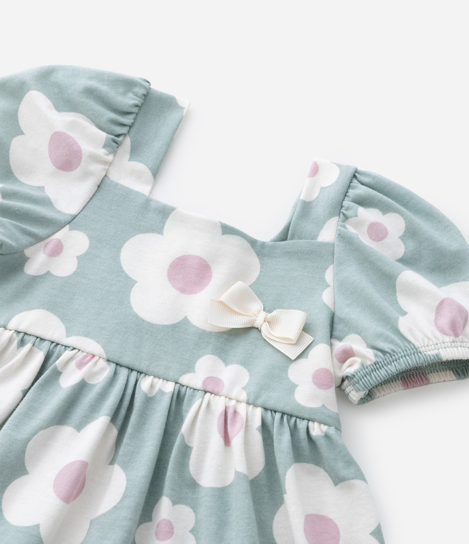 Vestido Infantil com Manga Bufante e Estam Floral - Tam 0 a 18 meses Verde 8