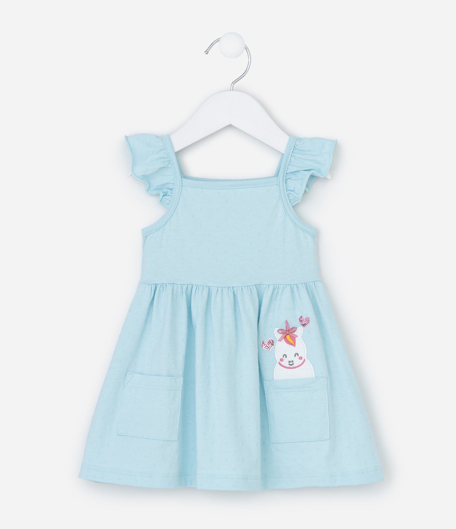 Vestido Infantil com Bolso Bordado de Unicórnio e Corações de Paetês com Textura Poá - Tam 0 a 18 Meses Azul 2