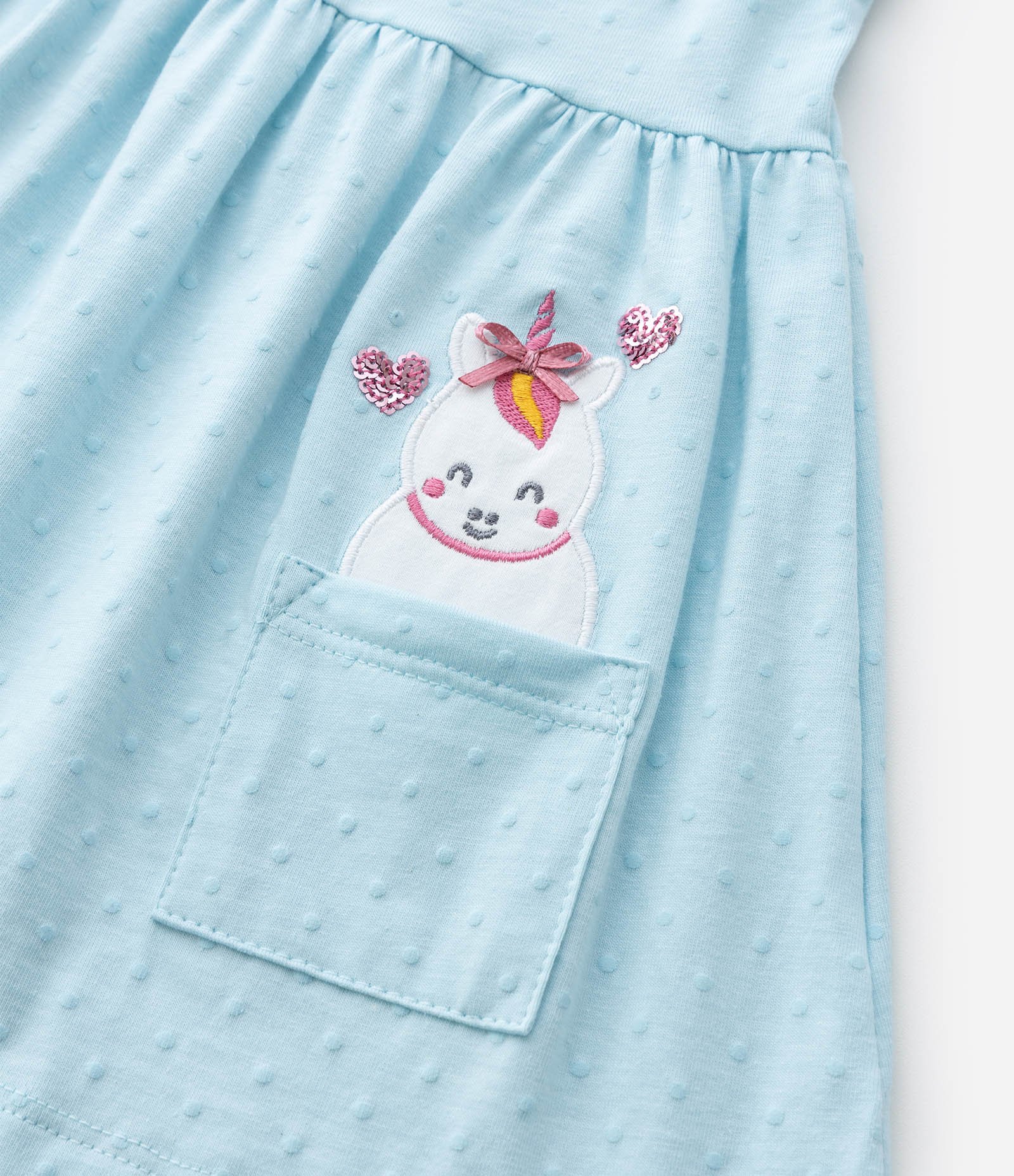Vestido Infantil com Bolso Bordado de Unicórnio e Corações de Paetês com Textura Poá - Tam 0 a 18 Meses Azul 6