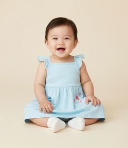 Vestido Infantil com Bolso Bordado de Unicórnio e Corações de Paetês com Textura Poá - Tam 0 a 18 Meses