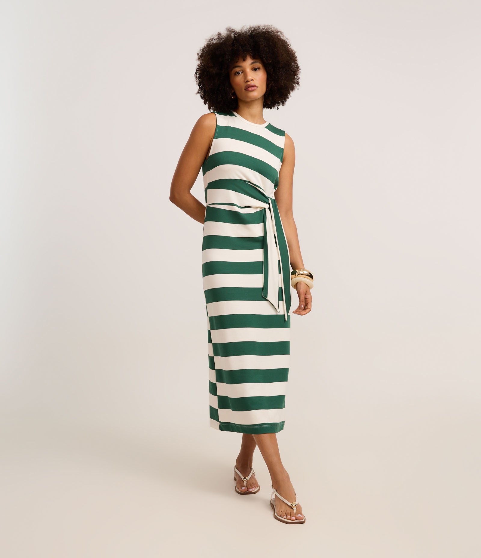 Vestido Reto Longo em Moletom com Listras e Amarração Verde/Branco 2