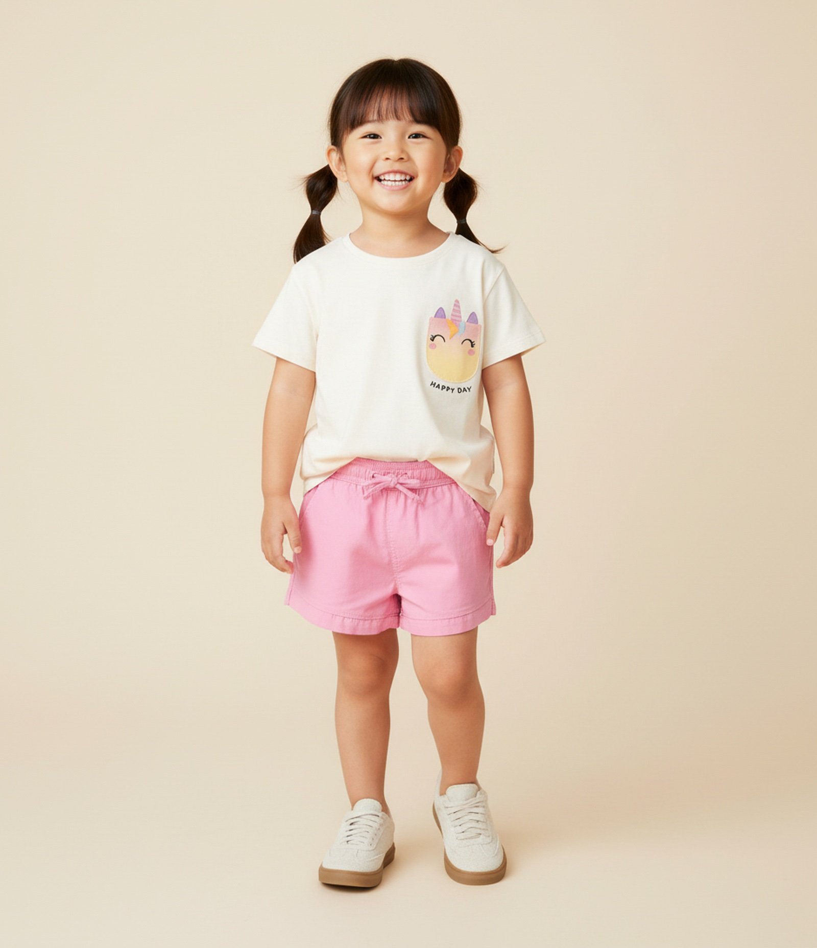 Blusa Infantil com Bolsinho Estampado de Unicórnio - Tam 1 a 6 Anos Bege 1