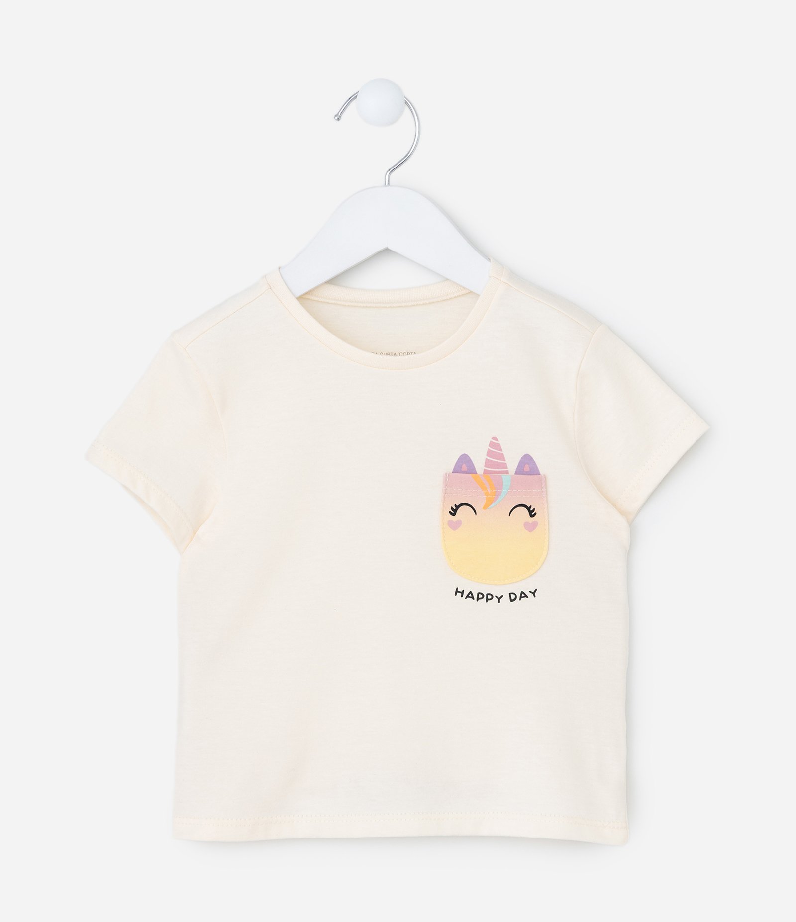 Blusa Infantil com Bolsinho Estampado de Unicórnio - Tam 1 a 6 Anos Bege 1