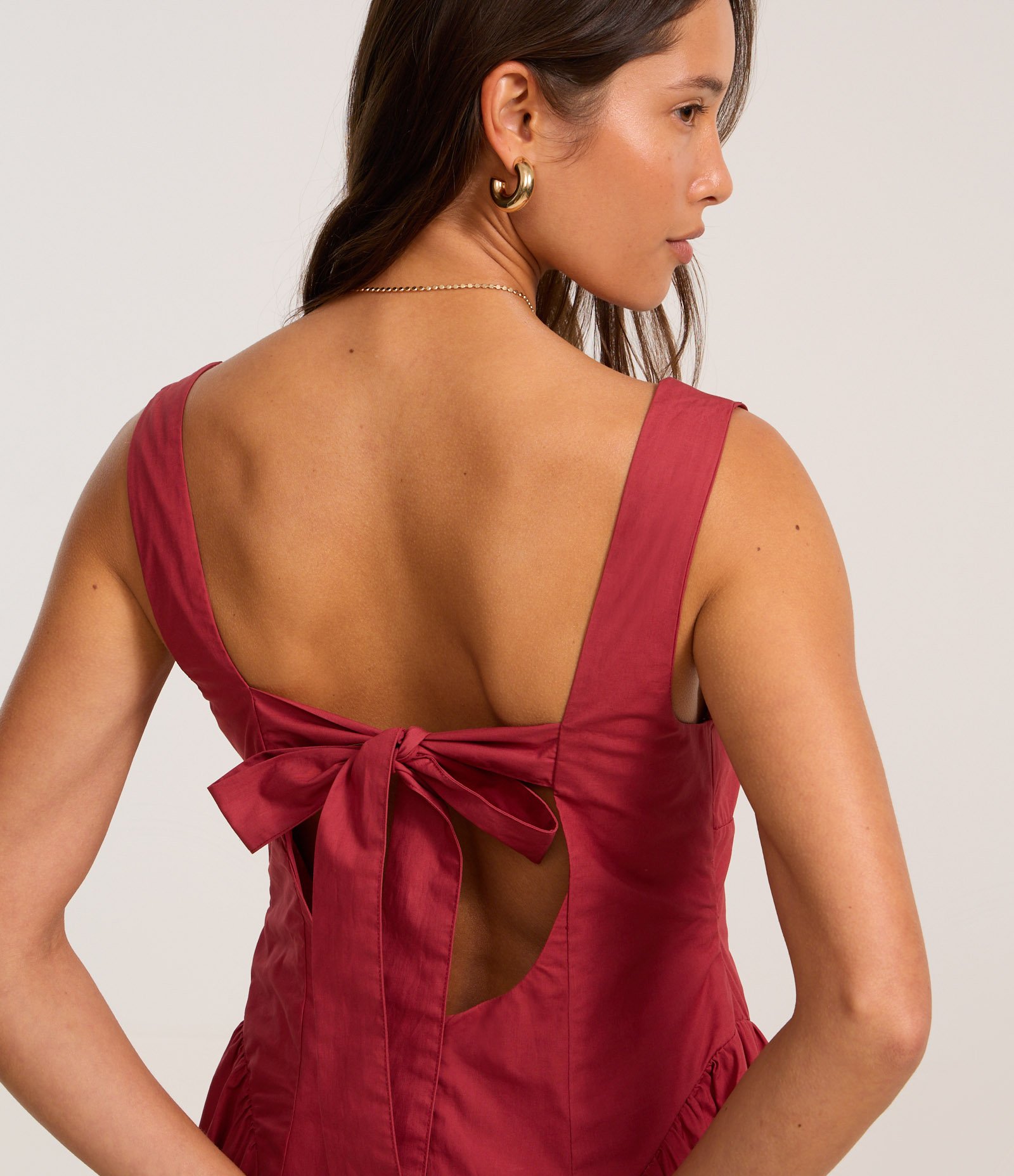 Vestido Midi em Tricoline com Alças Largas e Detalhes Franzidos Cereja 4