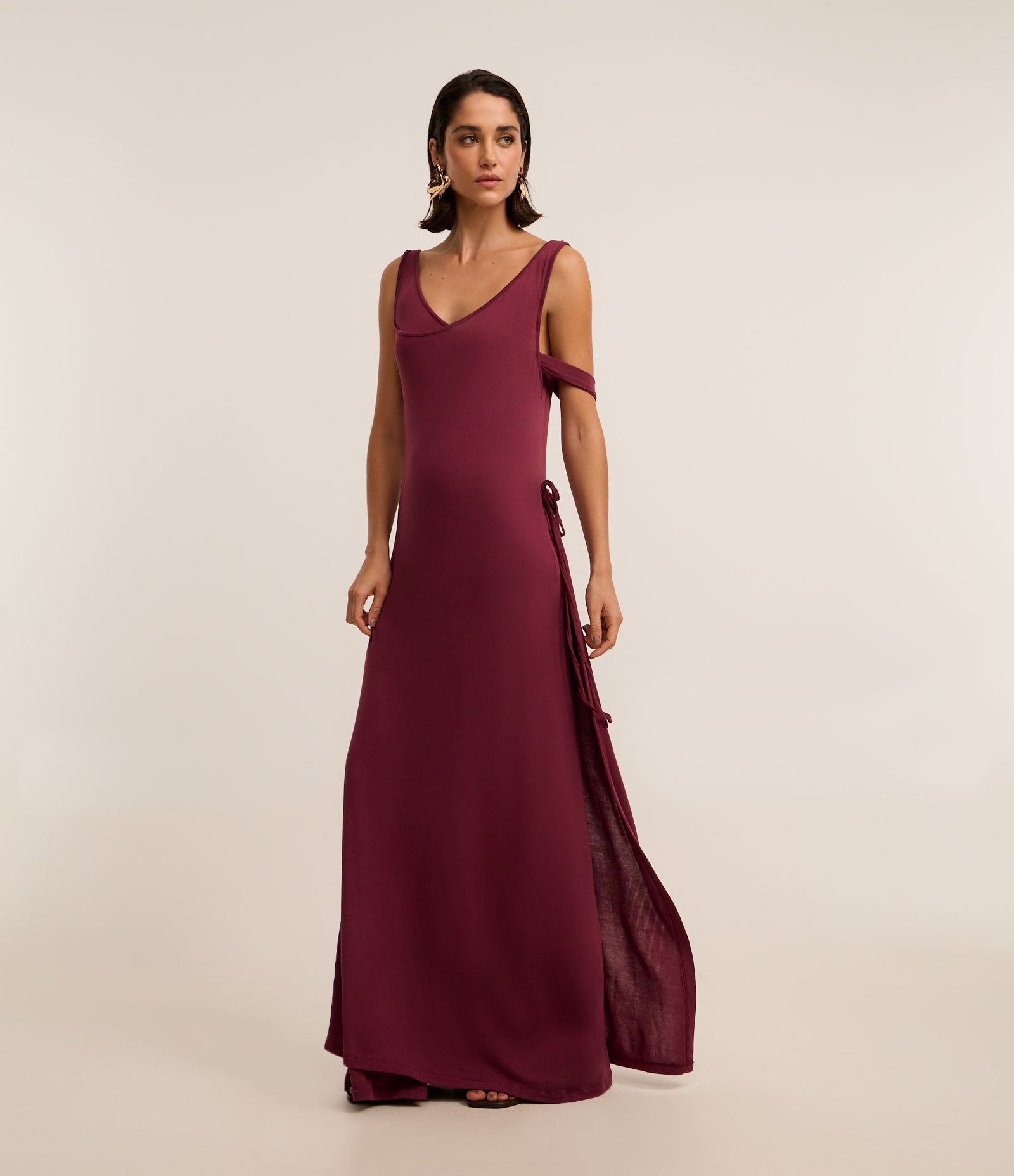 Vestido Long Midi Envelope com Amarração Lateral Bordô 1