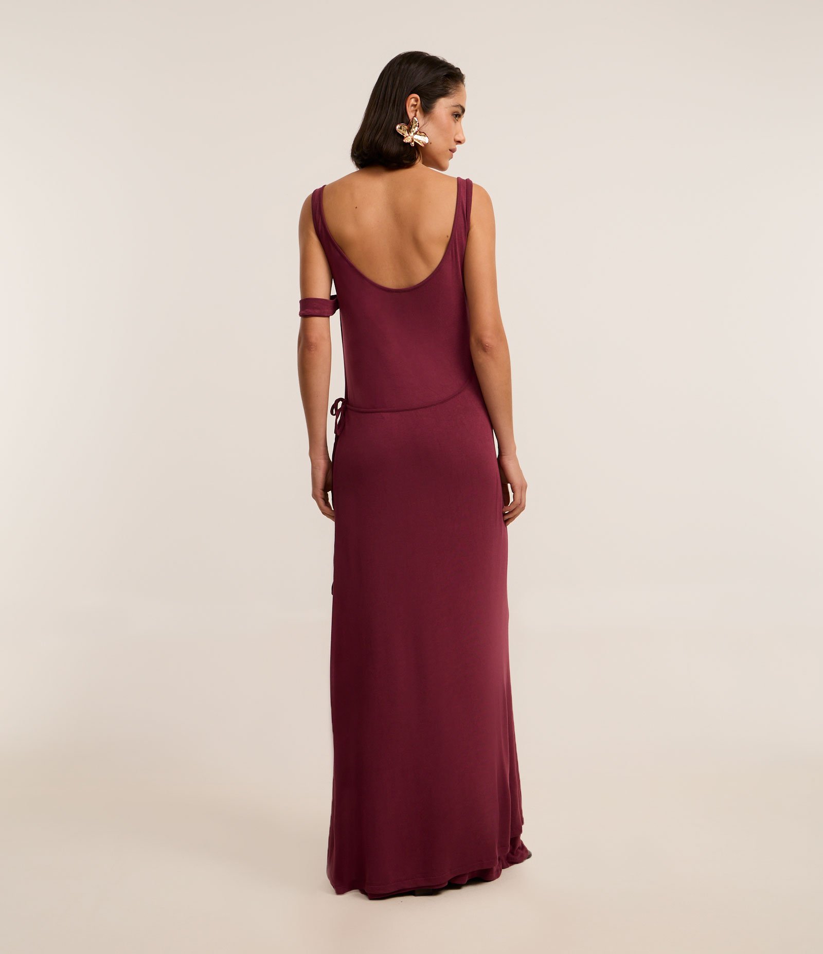 Vestido Long Midi Envelope com Amarração Lateral Bordô 2