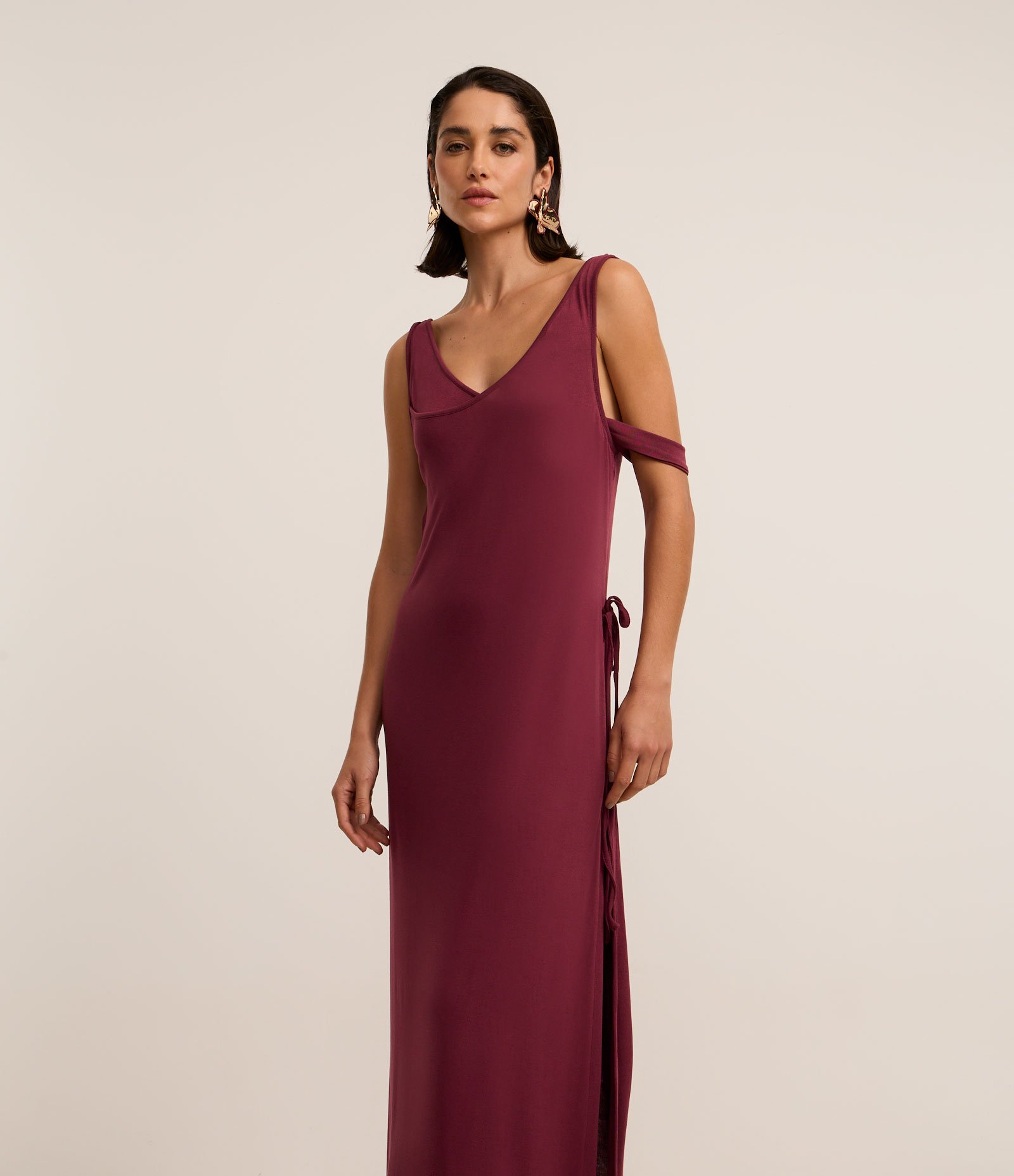Vestido Long Midi Envelope com Amarração Lateral Bordô 3