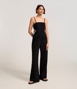 Macacão Longo em Sarja com Recorte na Cintura e Laço