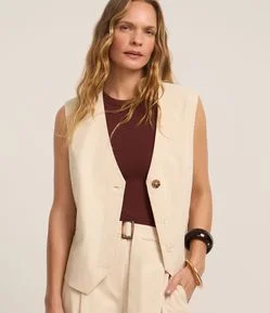 Colete em Efeito Sarja com Botão Único e Bolsos Falsos