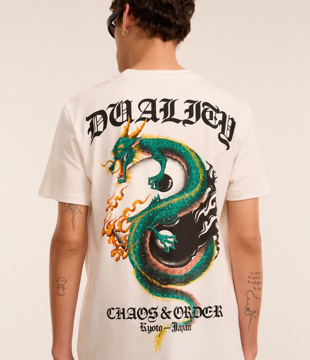 Camiseta em Algodão com Estampa Duality Chaos Order Bege
