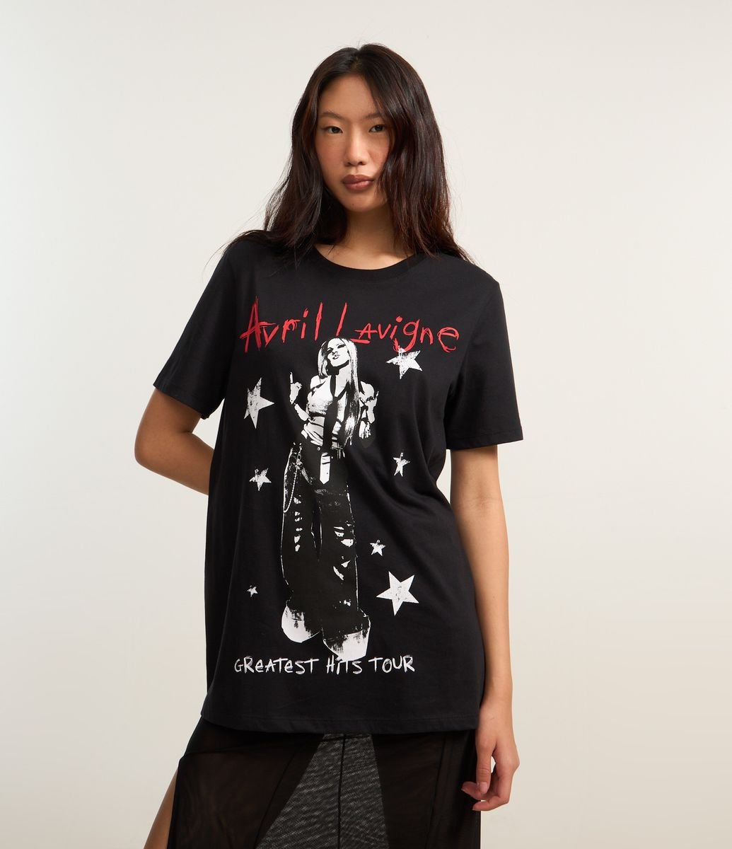 Camiseta Alongada em Algodão com Estampa Avril Lavigne Preto