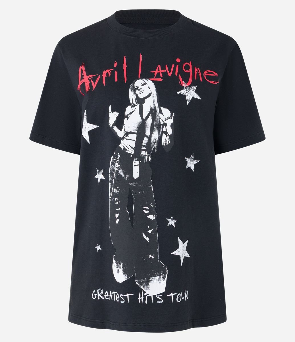 Camiseta Alongada em Algodão com Estampa Avril Lavigne Preto