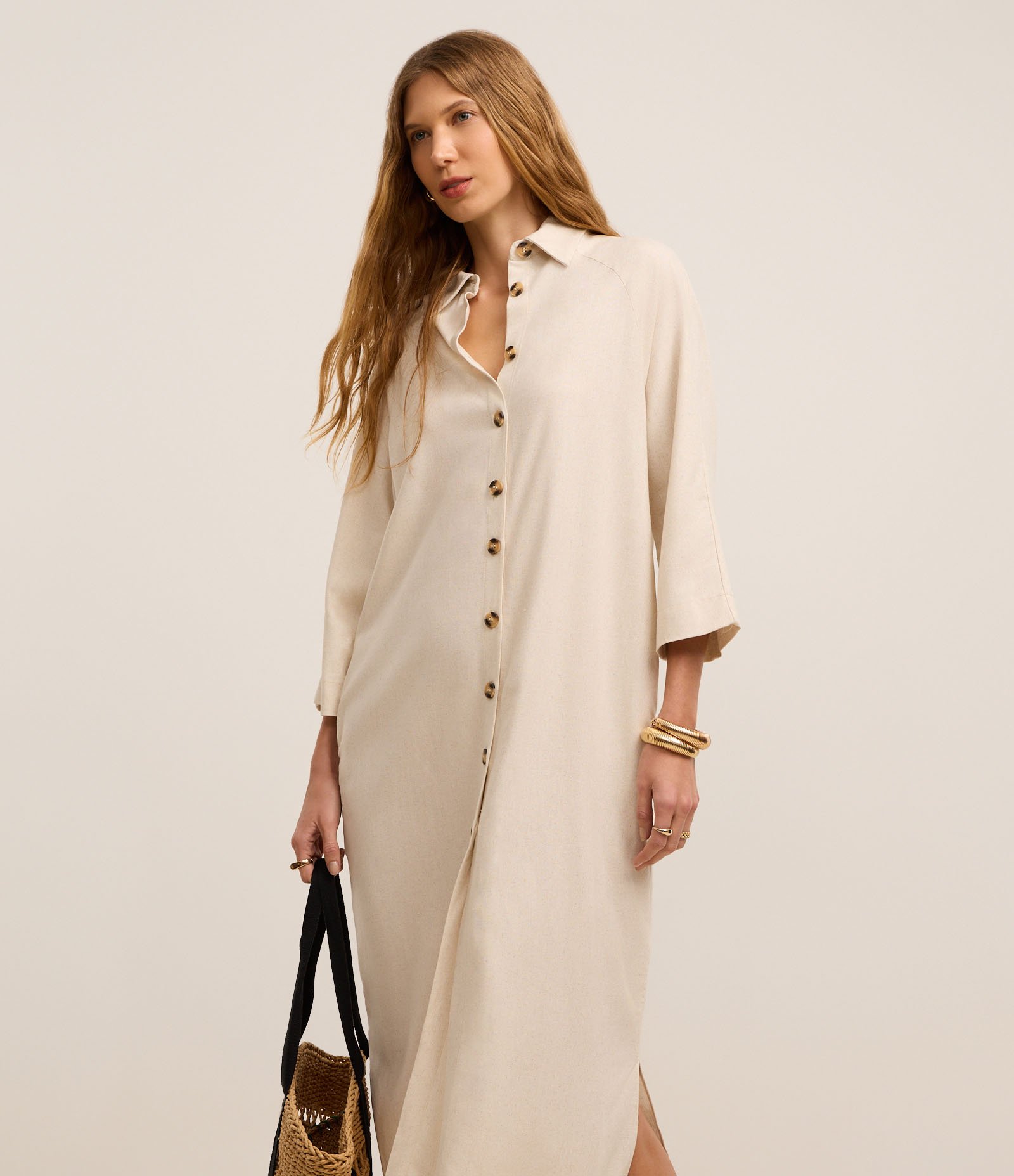 Vestido Chemise Reto e Midi em Viscolinho Bege 1