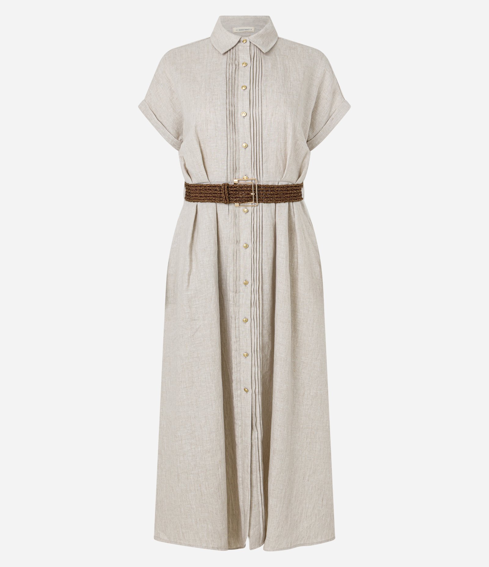 Vestido Chemise Evasê Midi em Linho com Cinto de Ráfia Bege 5