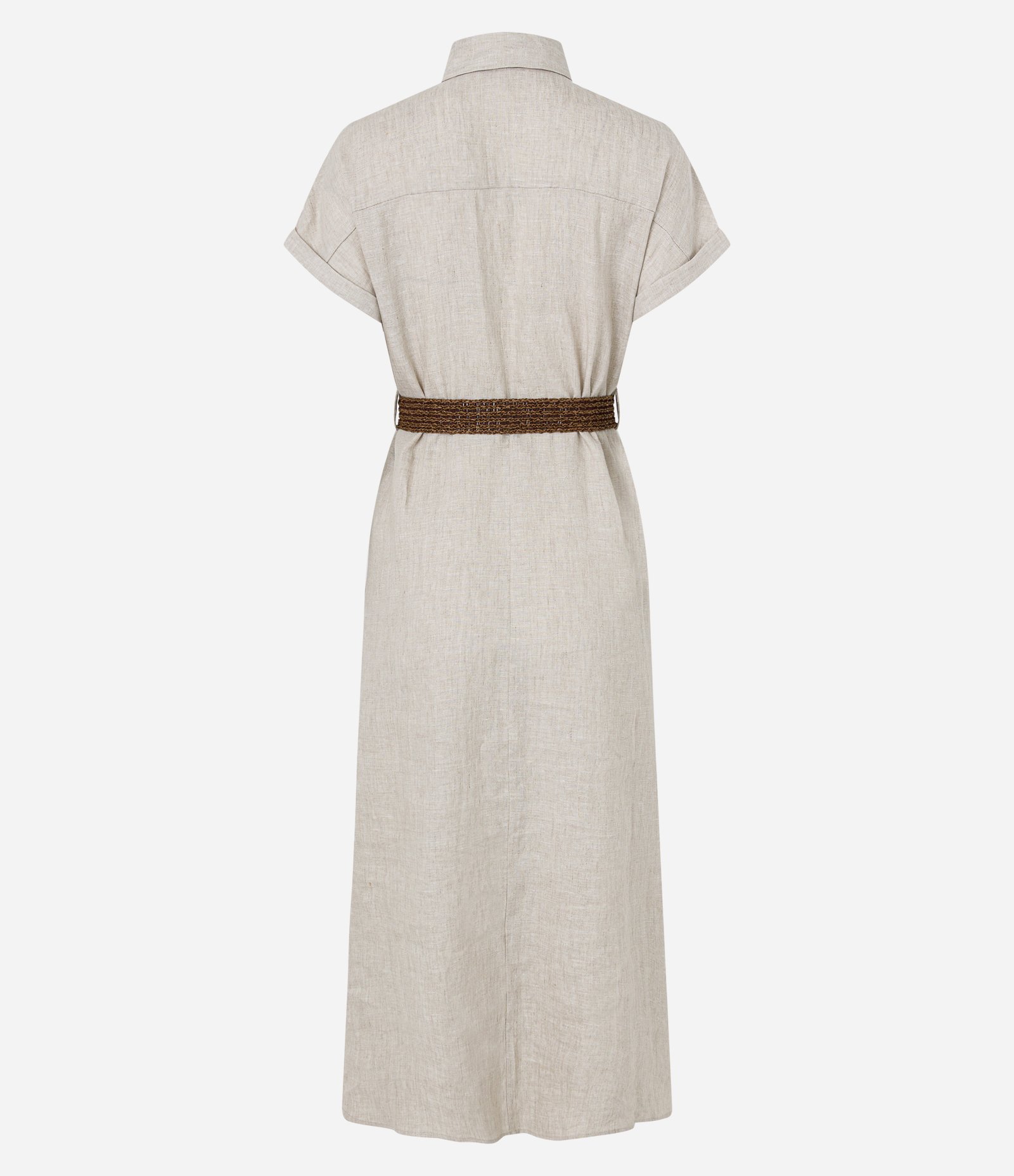 Vestido Chemise Evasê Midi em Linho com Cinto de Ráfia Bege 6