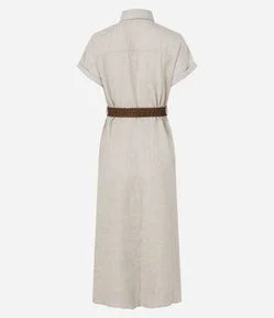 Vestido Chemise Evasê Midi em Linho com Cinto de Ráfia