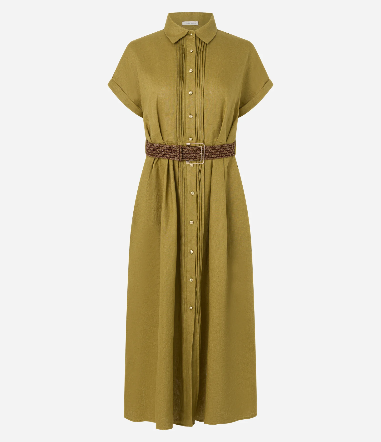 Vestido Chemise Evasê Midi em Linho com Cinto de Ráfia Verde 6