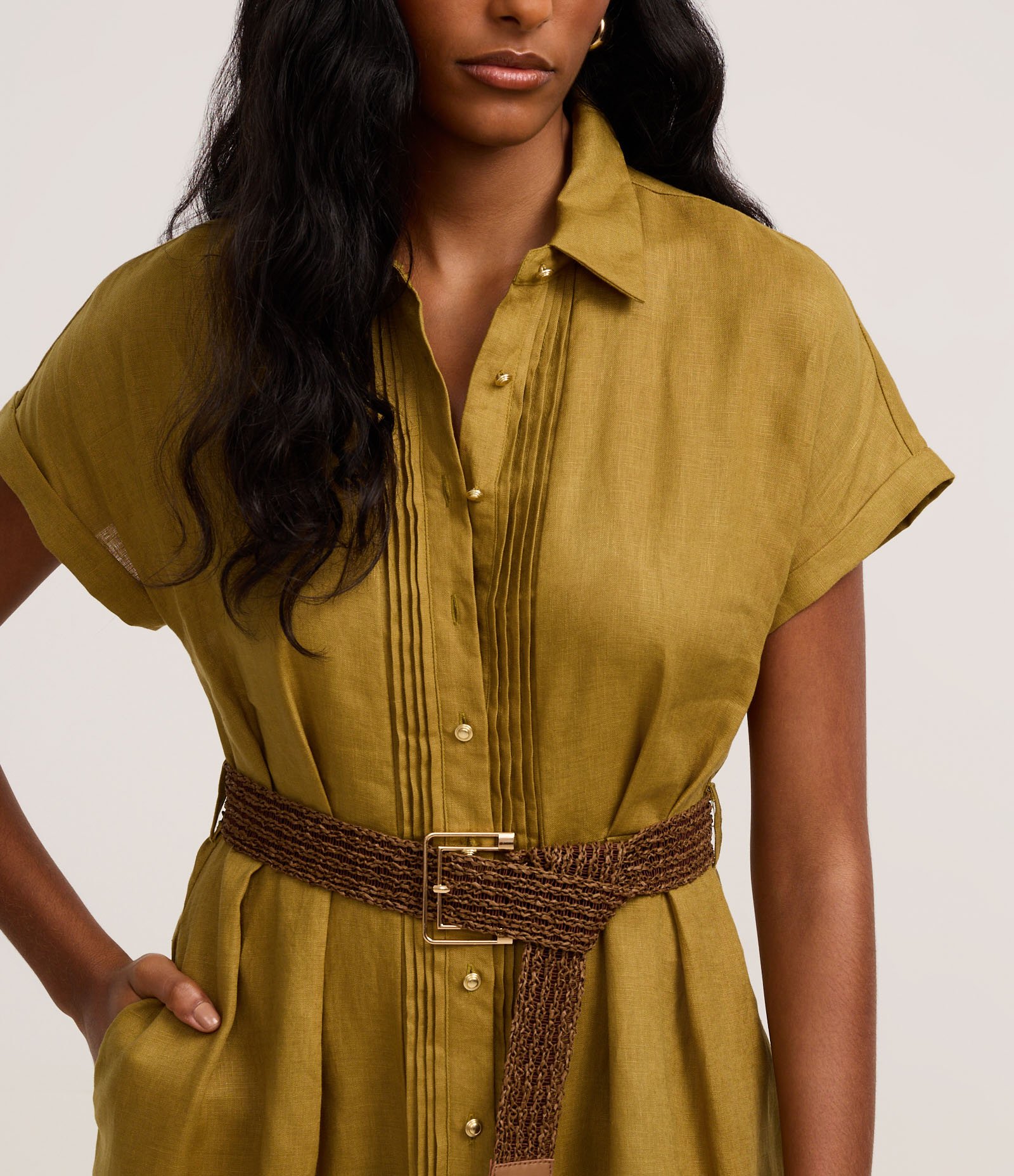 Vestido Chemise Evasê Midi em Linho com Cinto de Ráfia Verde 5