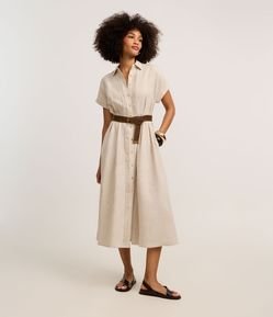 Vestido Chemise Evasê Midi em Linho com Cinto de Ráfia