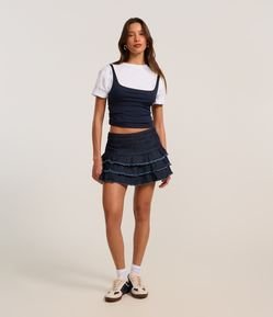 Short Saia em Jeans com Cintura Baixa e Babados na Barra