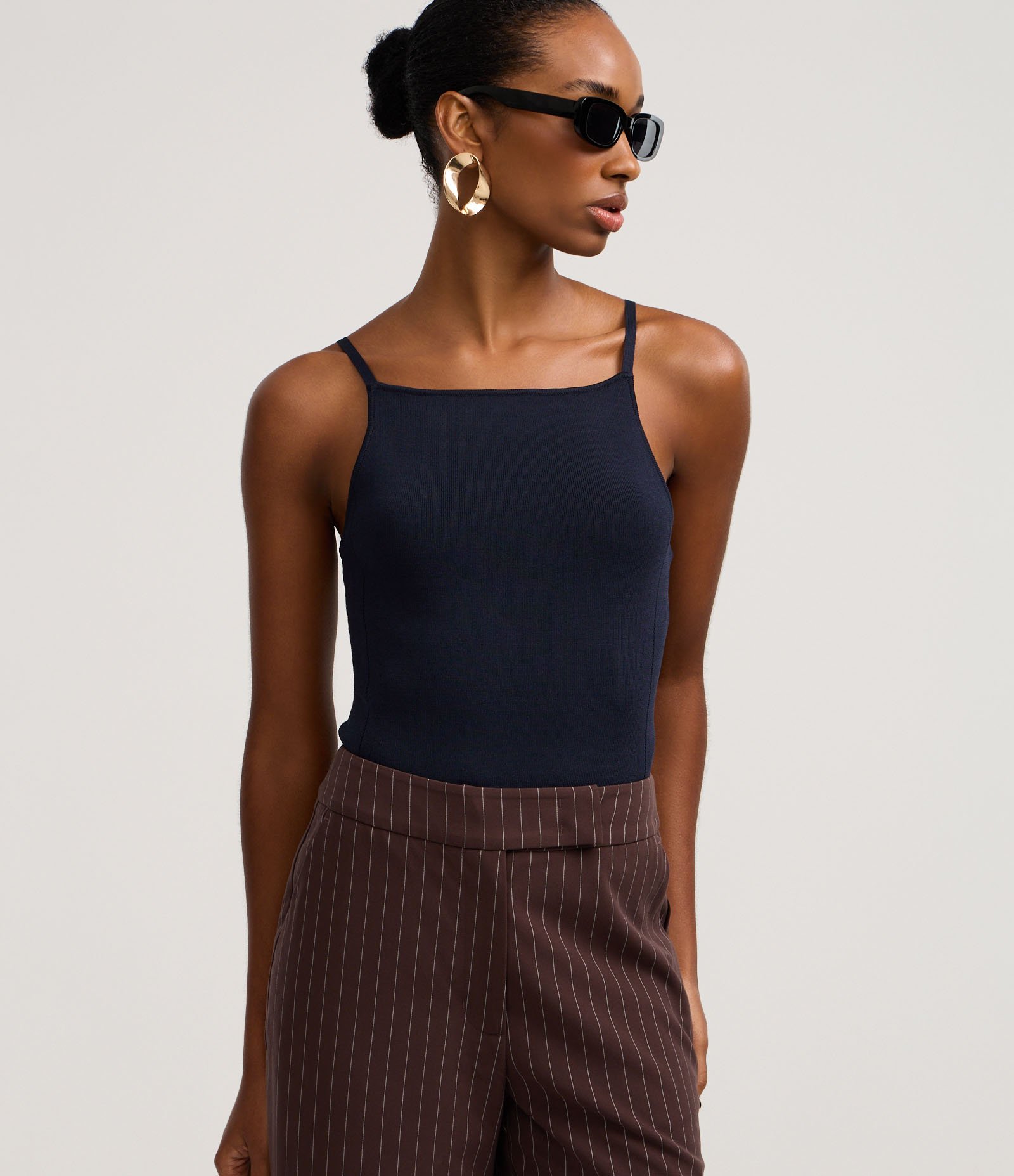 Blusa de Alça em Tricô com Decote Reto Azul 1