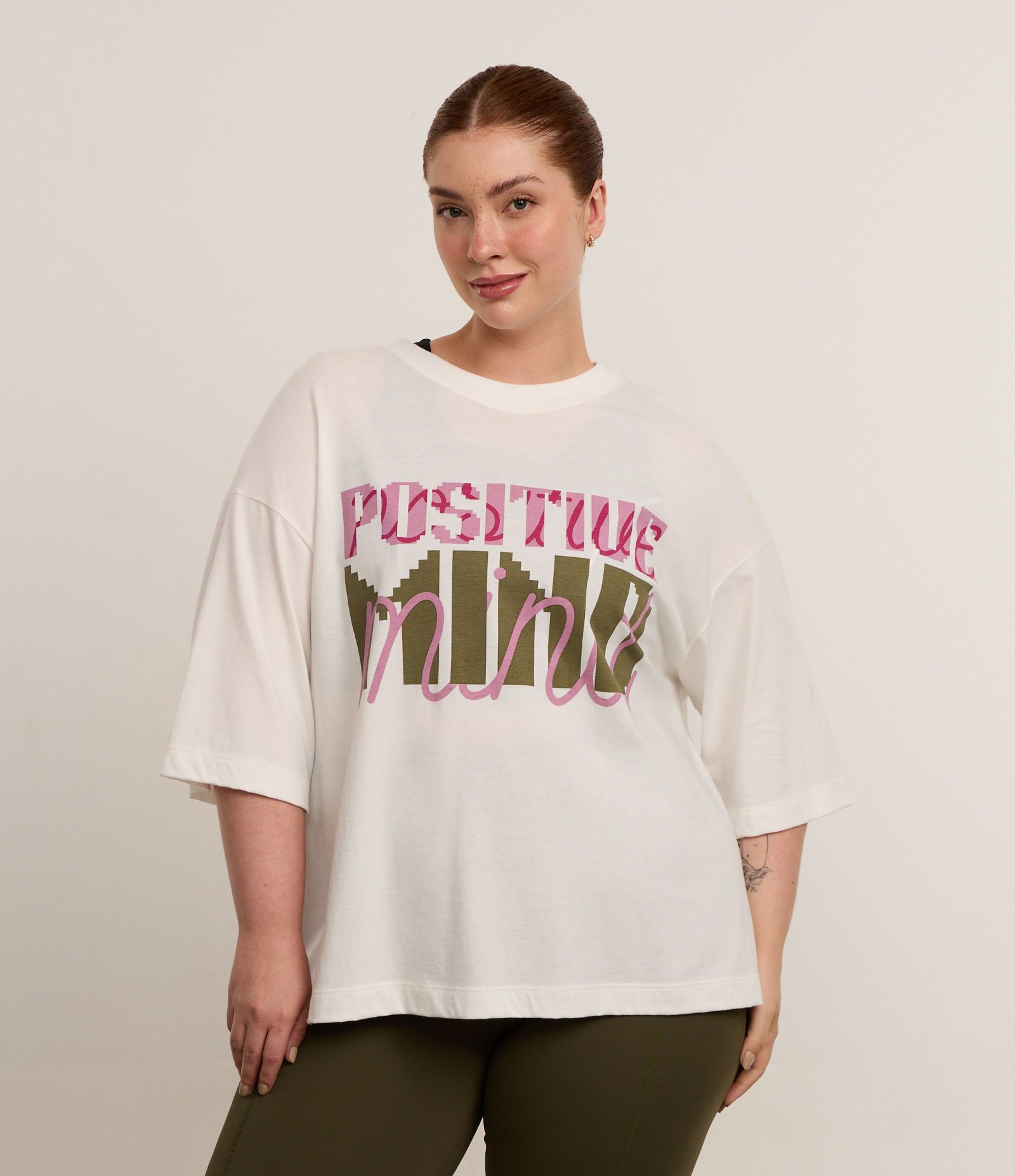 Camiseta Oversized Esportiva em Algodão com Estampa Positive Mind Curve & Plus Size Branco 1