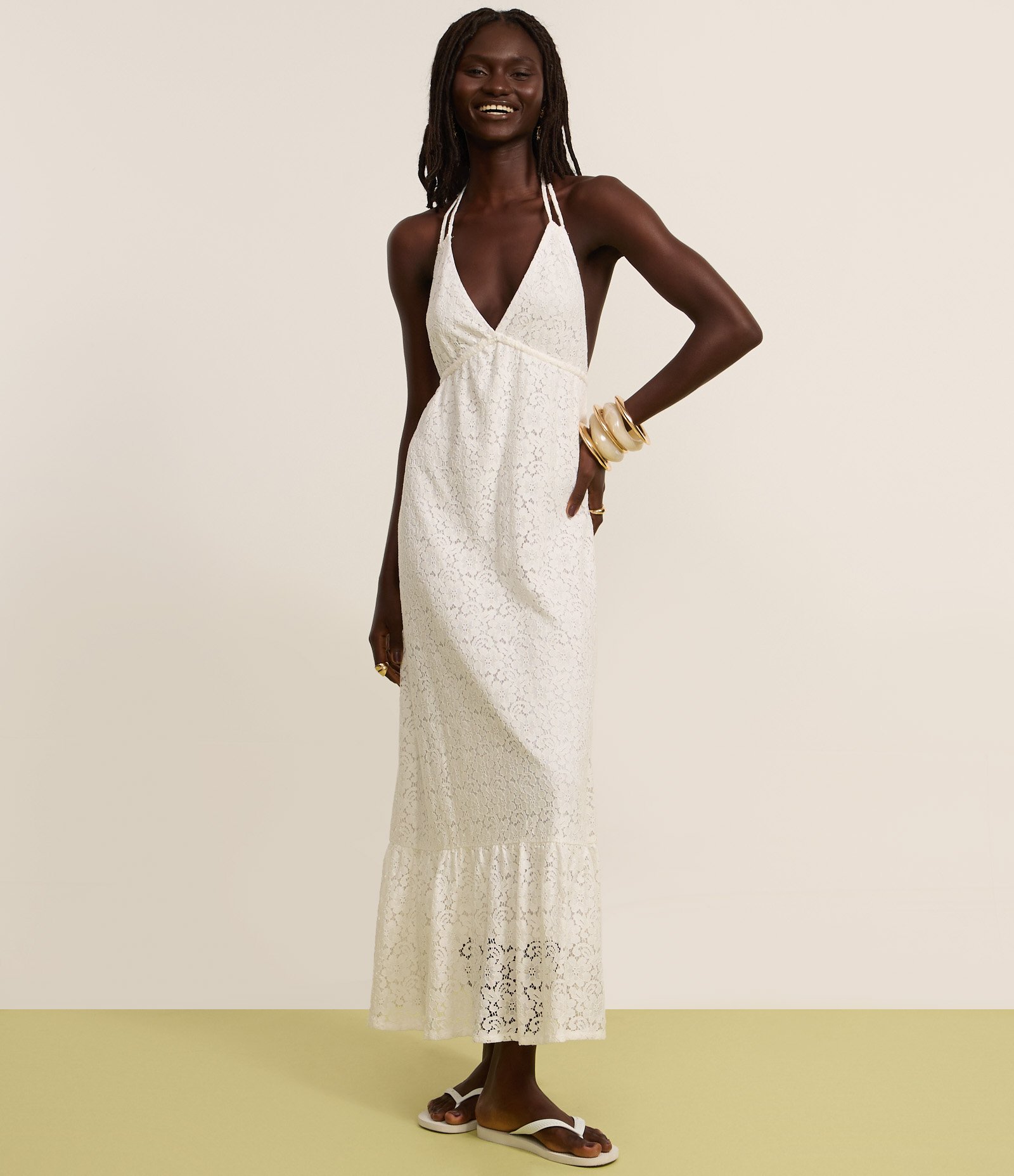 Vestido Longo Evasê com Frente Única em Renda Branco 4