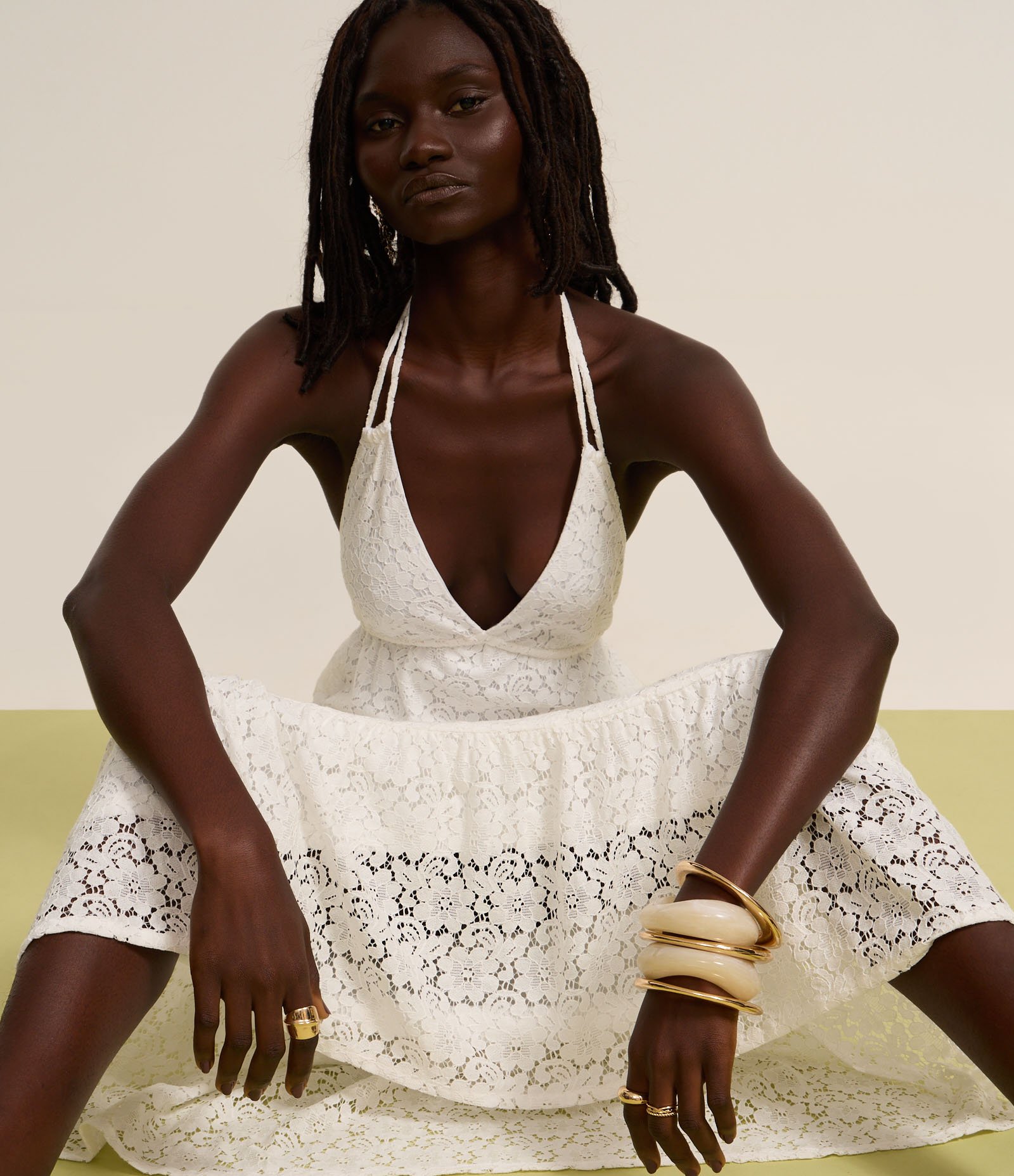 Vestido Longo Evasê com Frente Única em Renda Branco 5