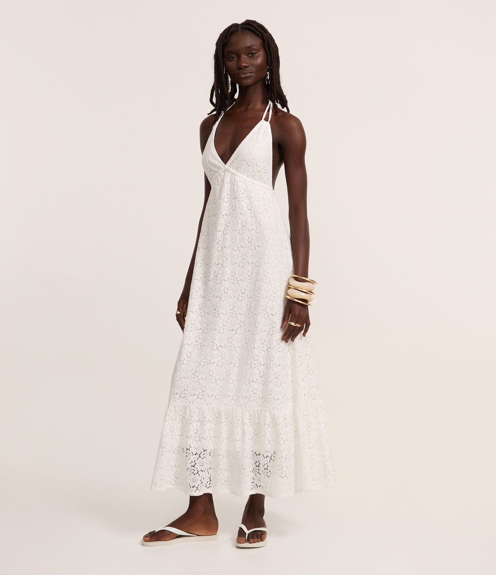 Vestido Longo Evasê com Frente Única em Renda Branco 1