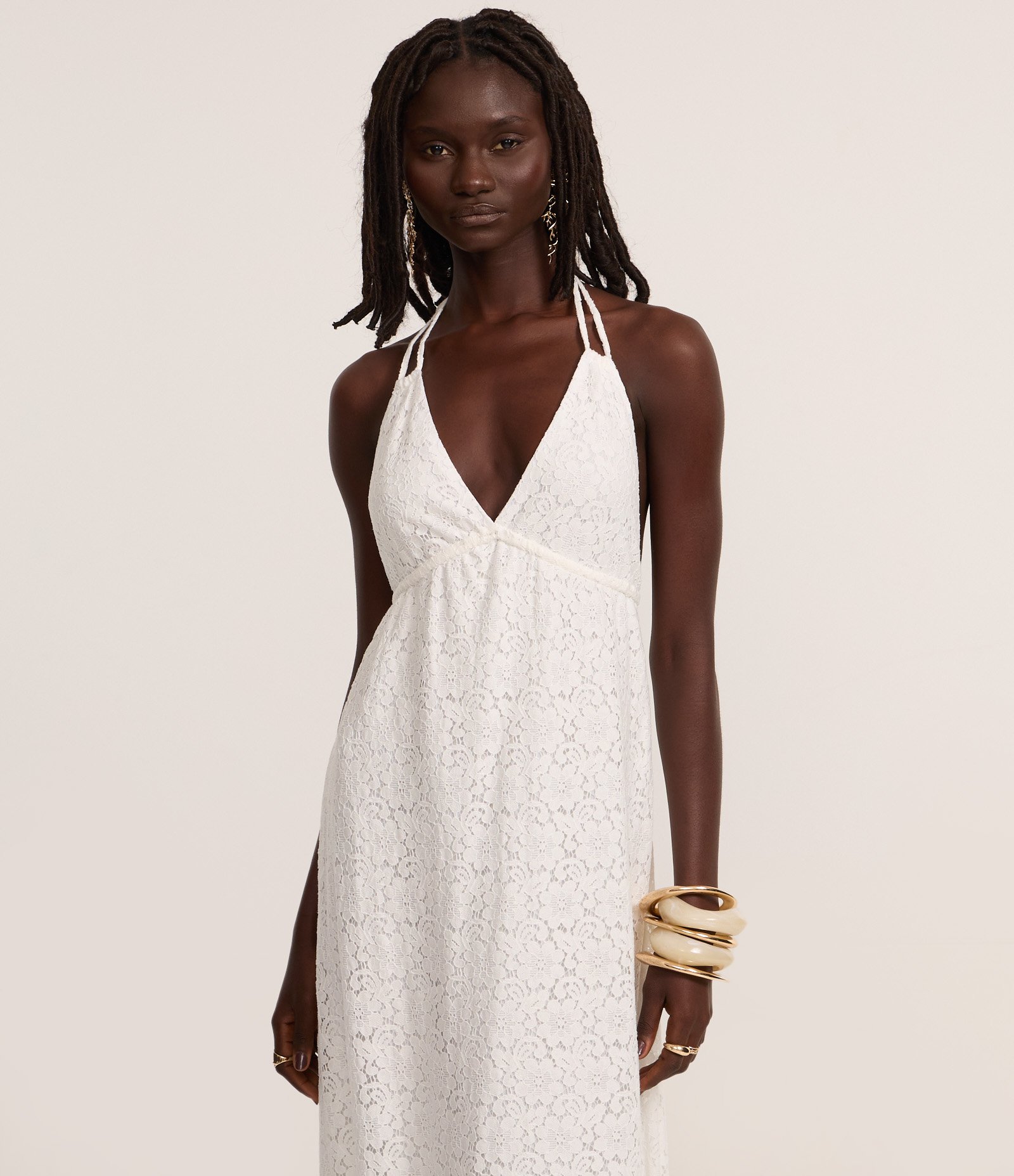 Vestido Longo Evasê com Frente Única em Renda Branco 2