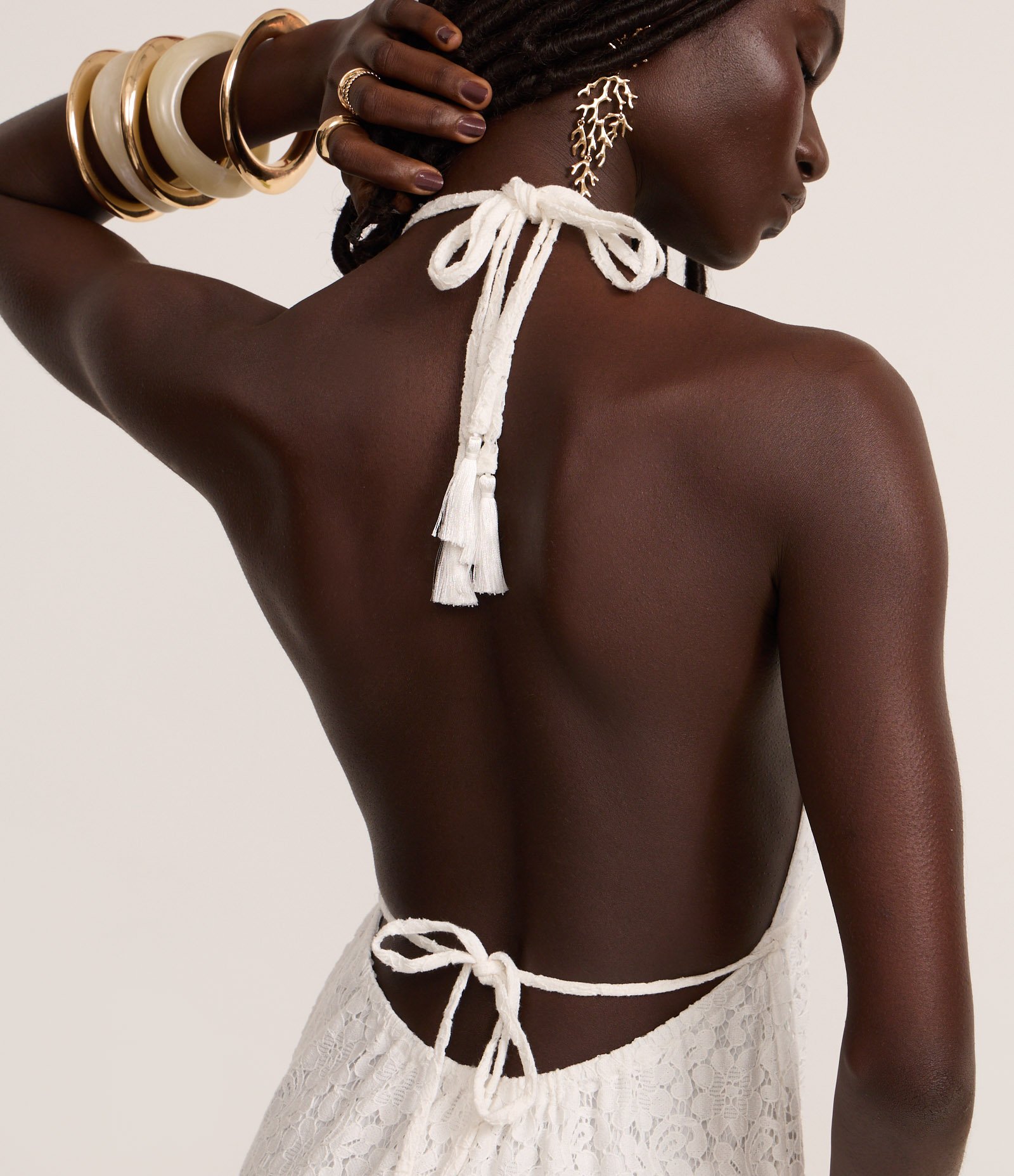 Vestido Longo Evasê com Frente Única em Renda Branco 3