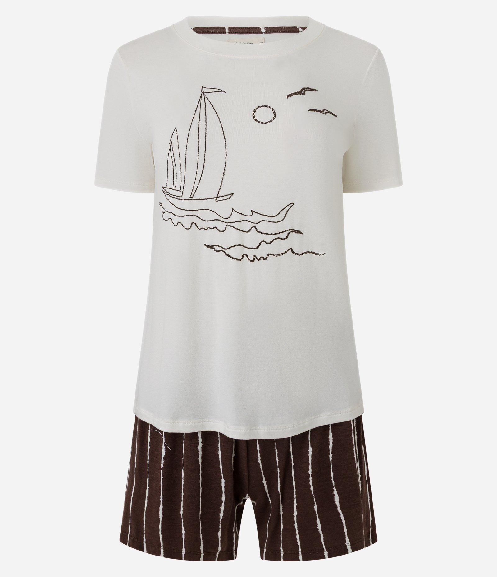 Pijama Short Doll em Viscose com Estampa de Veleiro e Short Listrado Off White/Marrom 5
