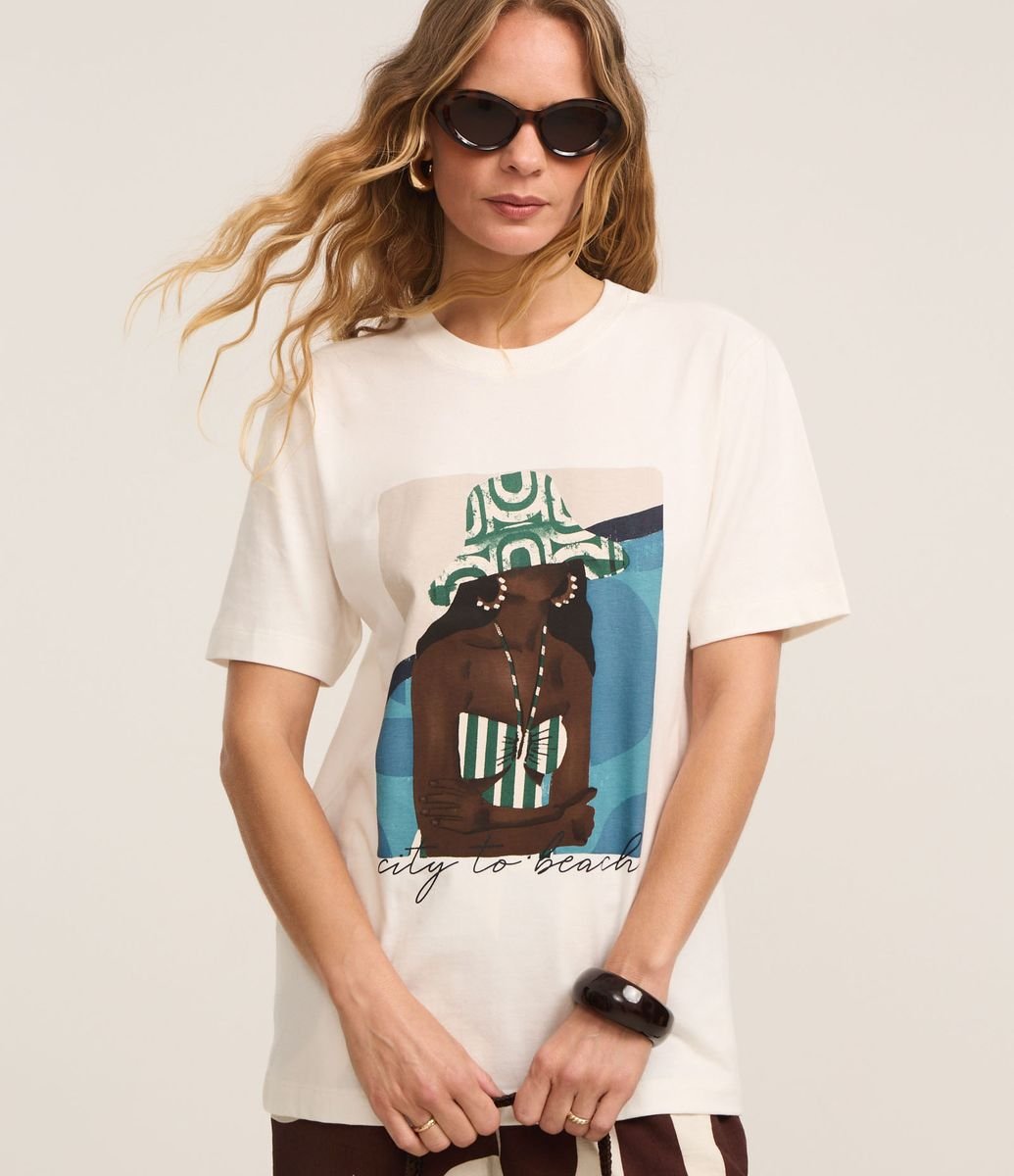 Blusa em Algodão com Estampa Mulher de Roupa de Praia Branco