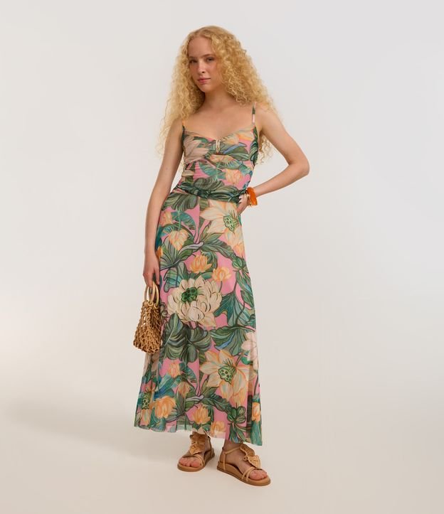 Vestido Long Midi em Tule com Estampa Floral e Alças Finas