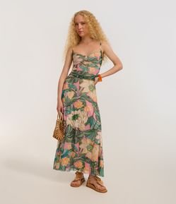 Vestido Long Midi em Tule com Estampa Floral e Alças Finas