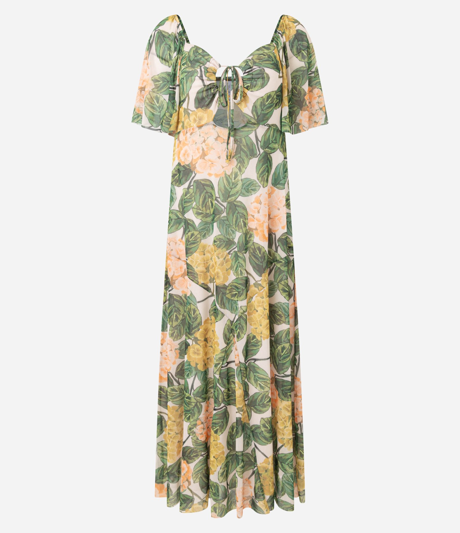 Vestido Long Midi em Tule com Estampa de Hortências e Recorte no Busto Verde 1