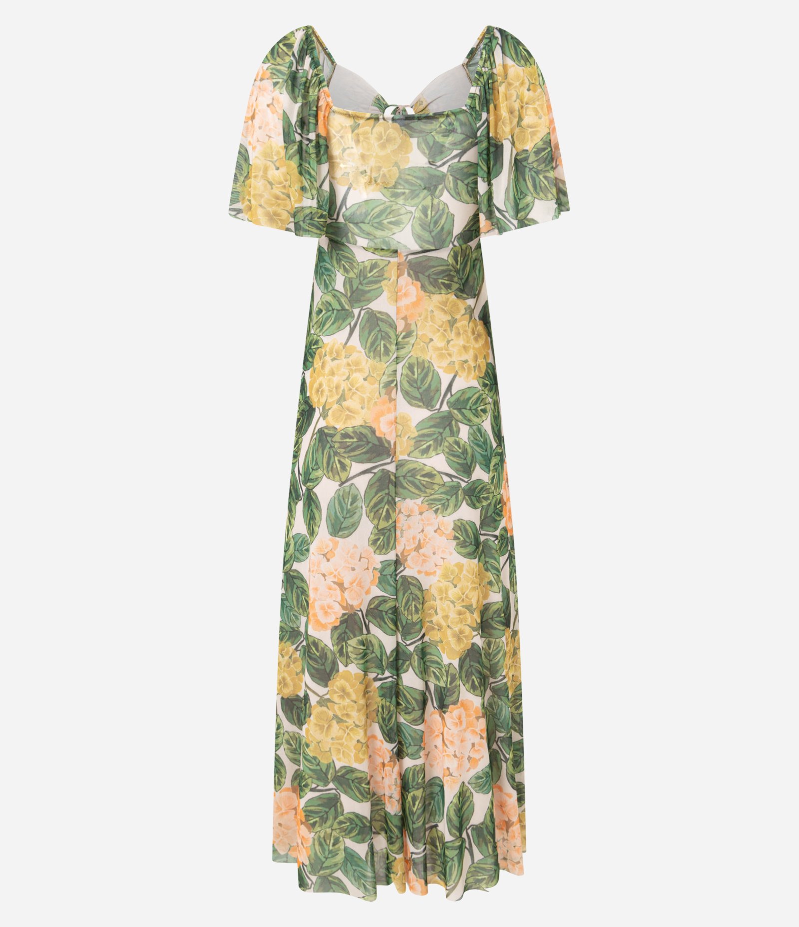 Vestido Long Midi em Tule com Estampa de Hortências e Recorte no Busto Verde 2